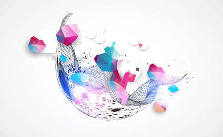 The abstract wave is made in a frame style with sphere. Template for science or technology presentation. Hand drawn vector art.のイラスト素材
