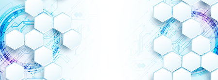 Abstract circuit board and hexagons on gradient color background. Hi-tech digital technology...