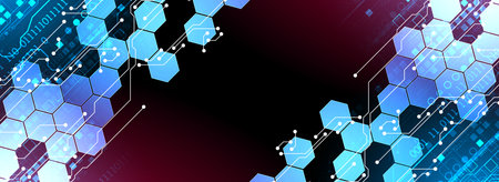 Abstract circuit board and hexagons on gradient color background. Hi-tech digital technology...