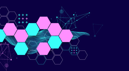 The abstract wave with hexagon is made in a frame style. Template for science and technology...