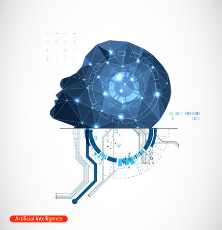 Artificial Intelligence. Technical background with a silhouette of a man. Big data concept. Machine cyber mind.のイラスト素材