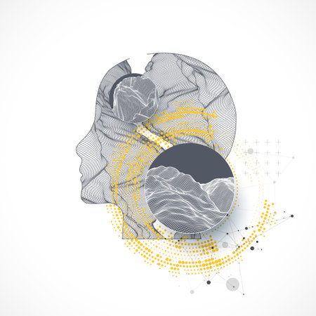 The human head is made in the style of a frame with art elements. Hand drawn Vector.のイラスト素材