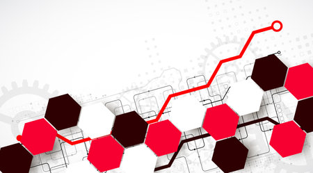 Gear wheel technology background with hexagons. Hand drawn vector.のイラスト素材