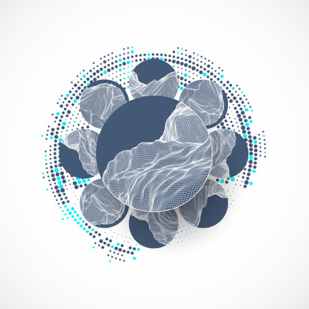 Abstract scientific technological background. Circles with mountain surfaces in the middle. Vector illustration made by hands.のイラスト素材