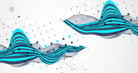 Abstract wavy background with cyan lines and wireframe wave. Hand drawn vector.のイラスト素材