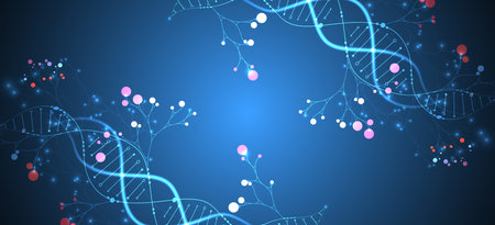 Scientific medical background with abstract image of dna molecule and tree branches. Neon glow effects and gradient. Hand drawn vector illustration.のイラスト素材