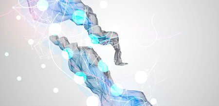 Abstract frame wave with colored spots on it and curved lines. Plexus effect. Hand drawn vector.のイラスト素材
