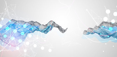 Abstract frame wave with colored spots on it and curved lines. Plexus effect. Hand drawn vector.のイラスト素材