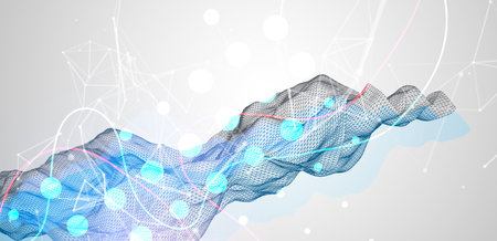 Abstract frame wave with colored spots on it and curved lines. Plexus effect. Hand drawn vector.のイラスト素材