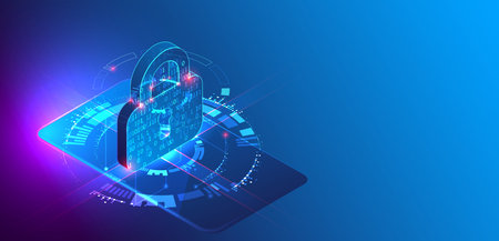 Data protection. Isometric image of a smartphone with a picture of a lock and various technological elements.のイラスト素材