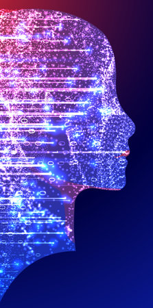 Digital visualization featuring a profile silhouette composed of glowing particles and data elements. Technical background with purple and blue gradient effects.のイラスト素材
