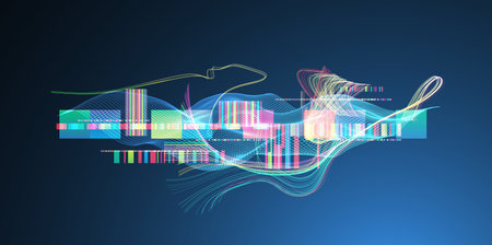 Abstract data waveform background with dynamic lines, grids, and color bars. Vector illustration.のイラスト素材