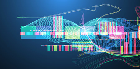 Abstract data waveform background with dynamic lines, grids, and color bars. Vector illustration.のイラスト素材