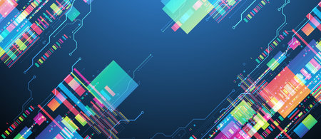 Technological background with colorful squares glowing on a blue gradient. Vector.のイラスト素材