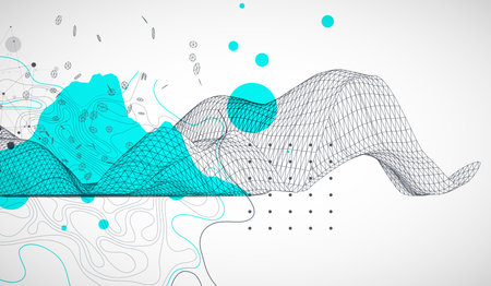 Template for science and technology presentation. Wireframe waves. Plexus style background.のイラスト素材