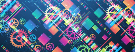 Abstract technological background with colored gears and multicolored rectangles and plexus effect. Vectorのイラスト素材