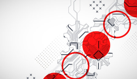 Stylized view of gears integrated with microcircuits. Concept of combining mechanics and electronics. Vectorのイラスト素材