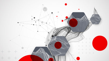 Scientific and technological background. Wave with wireframe  hexagons of different types on a gray gradient.のイラスト素材