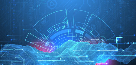 Abstract data background with wireframe wave and circuit lines. Technology concept. Vectorのイラスト素材