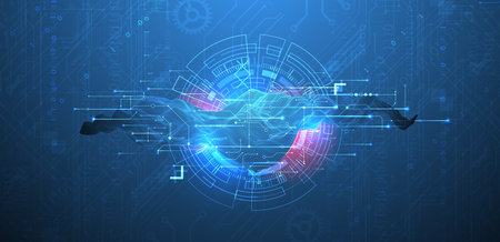 Abstract data background with wireframe wave and circuit lines. Technology concept. Vectorのイラスト素材