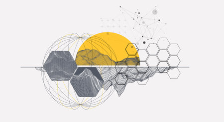 Abstract wireframe background. Modern science or technology art elements. Surface illustration inside circlesのイラスト素材