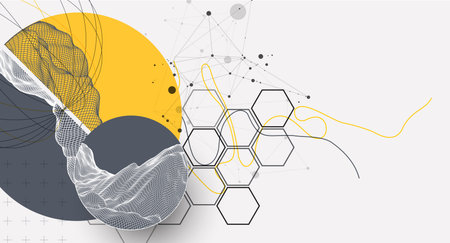 Abstract wireframe background. Modern science or technology art elements. Surface illustration inside circlesのイラスト素材