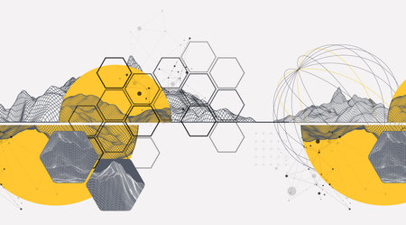 Abstract wireframe background. Modern science or technology art elements. Surface illustration inside circlesのイラスト素材