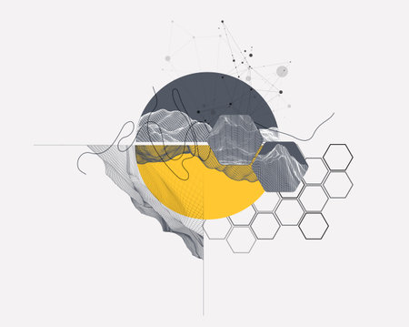 Abstract wireframe background. Modern science or technology art elements. Surface illustration inside circlesのイラスト素材