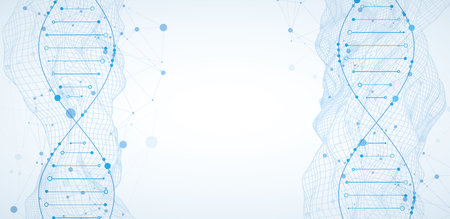 Abstract image of DNA molecule on wireframe wave. Scientific vector background.のイラスト素材