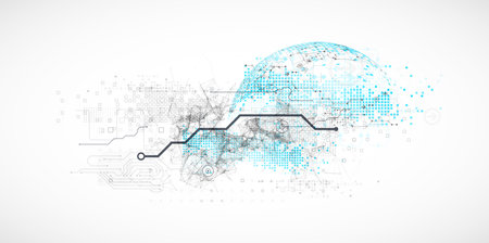 Abstract technology concept. Used blue squares, tech lines and plexus effect. Vector illustration.のイラスト素材