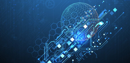 Abstract circuit board background with sphere. Hi-tech digital technology concept. Vector.のイラスト素材