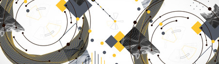 Minimal abstract composition with wireframe waves, geometric shapes, dots, and lines.
