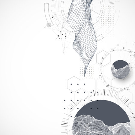 Abstract composition with wireframe wave and technology circles. Vectorのイラスト素材