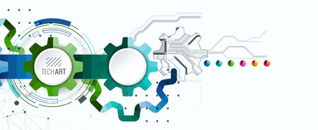 Stylized view of gears integrated with microcircuits. Concept of combining mechanics and electronics.のイラスト素材
