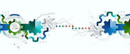 Stylized view of gears integrated with microcircuits. Concept of combining mechanics and electronics.のイラスト素材