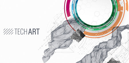 Abstract data background with wireframe wave and circuit lines. Technology concept. Vectorのイラスト素材