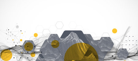 Abstract composition with wireframe hexagons, dots, and lines. Vectorのイラスト素材