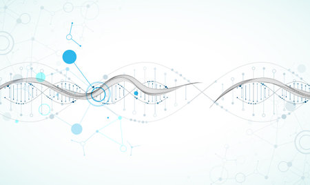 Abstract image of DNA molecule on wireframe wave. Scientific vector background.のイラスト素材