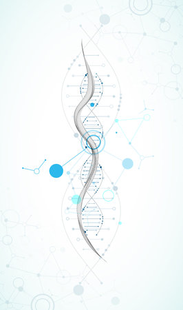 Abstract image of DNA molecule on wireframe wave. Scientific vector background.のイラスト素材