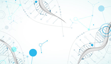 Abstract image of DNA molecule on wireframe wave. Scientific vector background.のイラスト素材