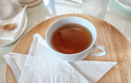 Good morning with cup of tea on wood dish. A cup of hot tea. (Top View)の写真素材