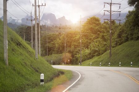 Beautiful road surrounded by green nature on both sides of the road with soft sunlight in the morning.の写真素材