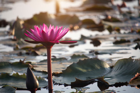 Pink lotus flowers are blooming with sunset in the evening, surrounded by green lotus leaves in the pool at the park. Beautiful tropical flowers that symbolize Buddhism.の写真素材