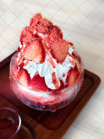 Strawberry bingsu in a glass cup on a wooden tray. Colorful, delicious fruit ice cream topped with syrup is ready to serve.の写真素材
