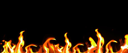 Close up burning flames on black background for graphic design or wallpaper. Red and yellow, heat...