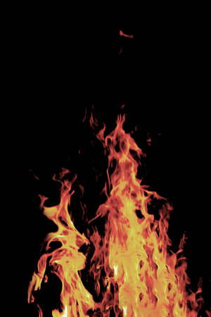 Close up burning flames on black background for graphic design or wallpaper. Red and yellow, heat...