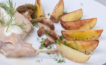 meat and baked potatoesの写真素材