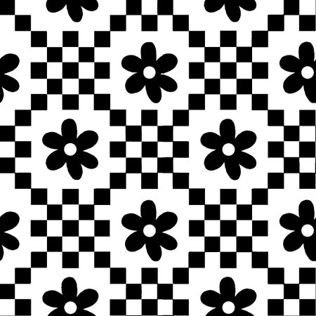 Seamless pattern with black and white flowers on checkered backgroundの写真素材
