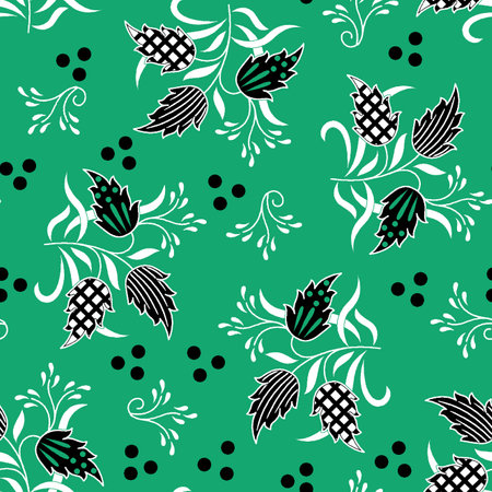 Seamless pattern with hand drawn flowers and leaves. Vector illustration.の写真素材