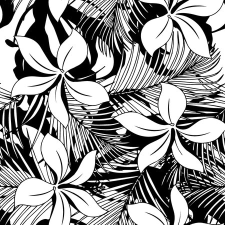 Tropical seamless pattern with palm leaves and flowers. Vector illustration.の写真素材